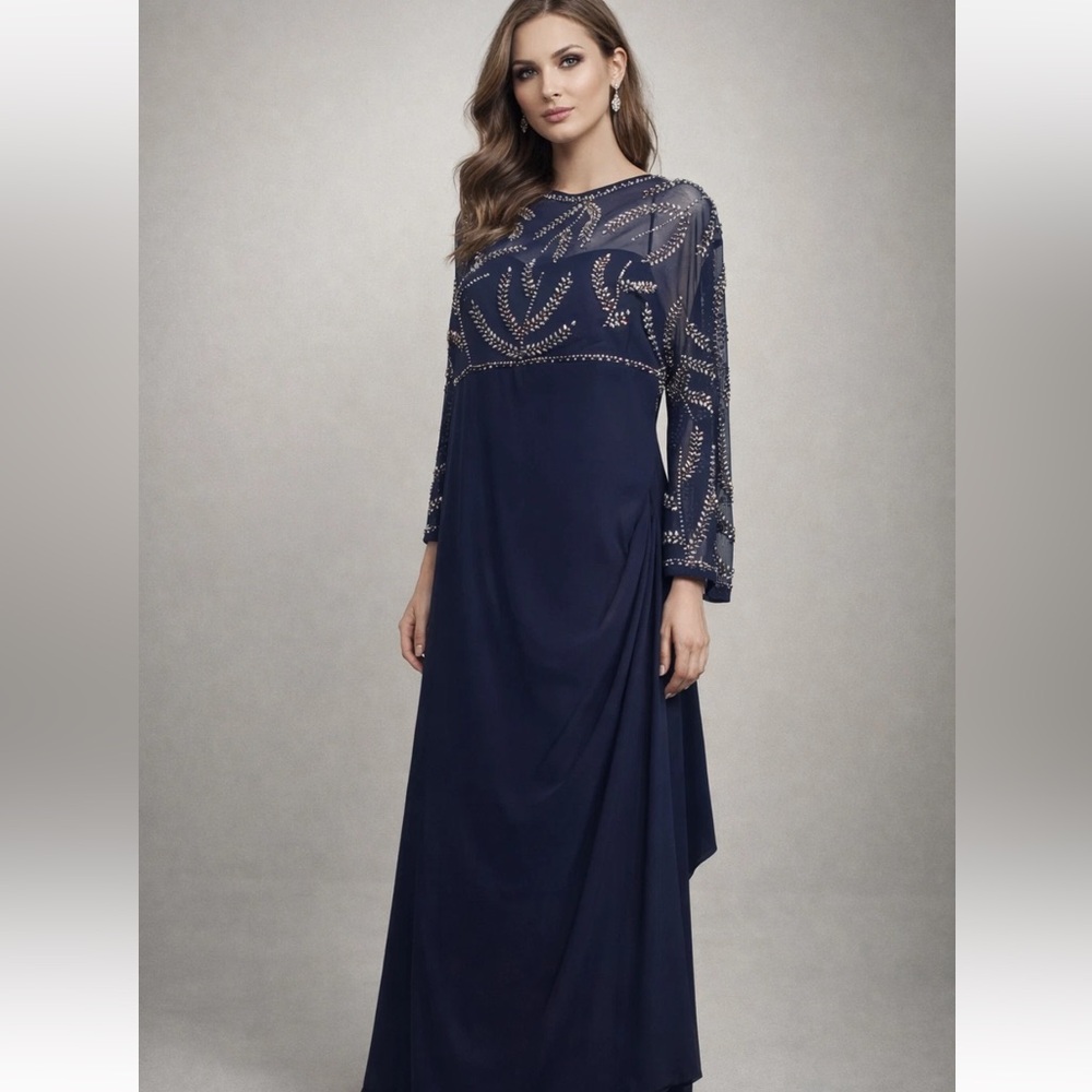 Betsy & Adam Navy Blue Long Sleeve Beaded Evening Gown